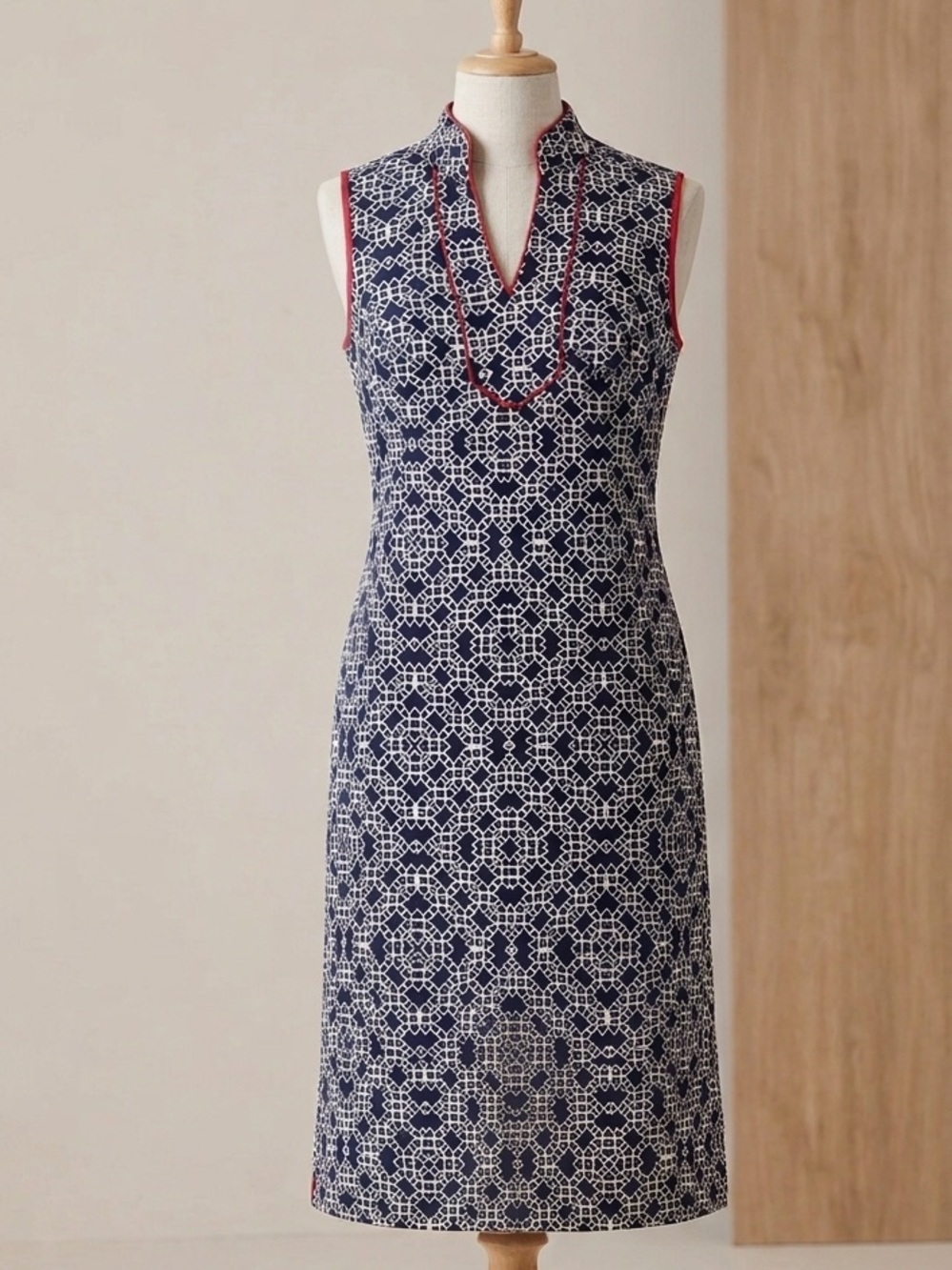 JH Retro Style Geometric Sleeveless Shift Dress Navy/Red Size 10